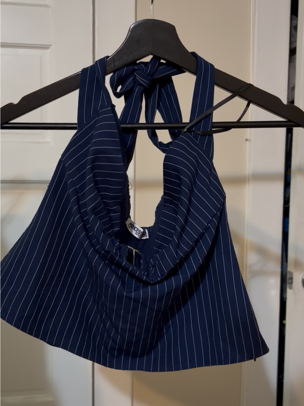 Princess Polly Navy Pinstripe Halter Top
